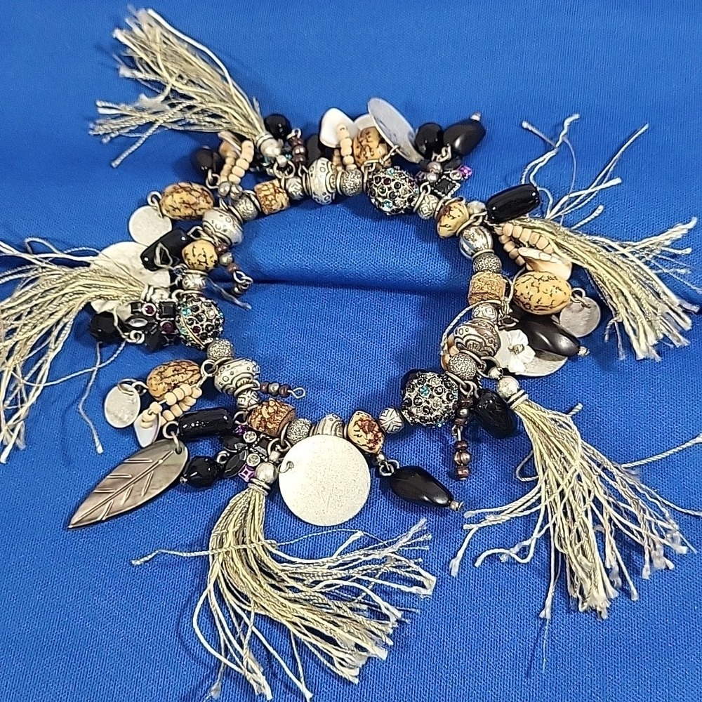 Boho Beaded Bracelet Slip-On Southwest Tassle Fringe Maximalist Charms